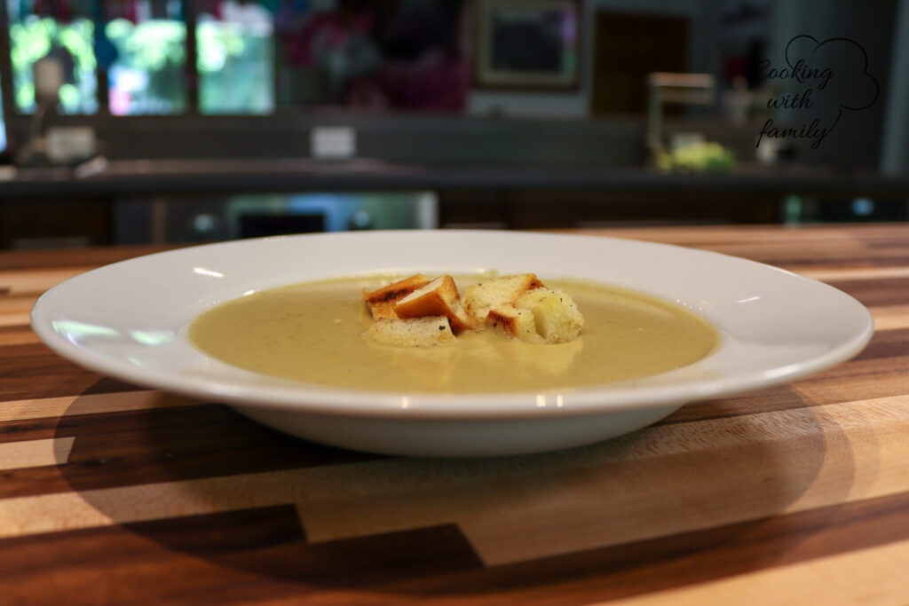 Broccoli Soup in the kitchen in the background, side shot