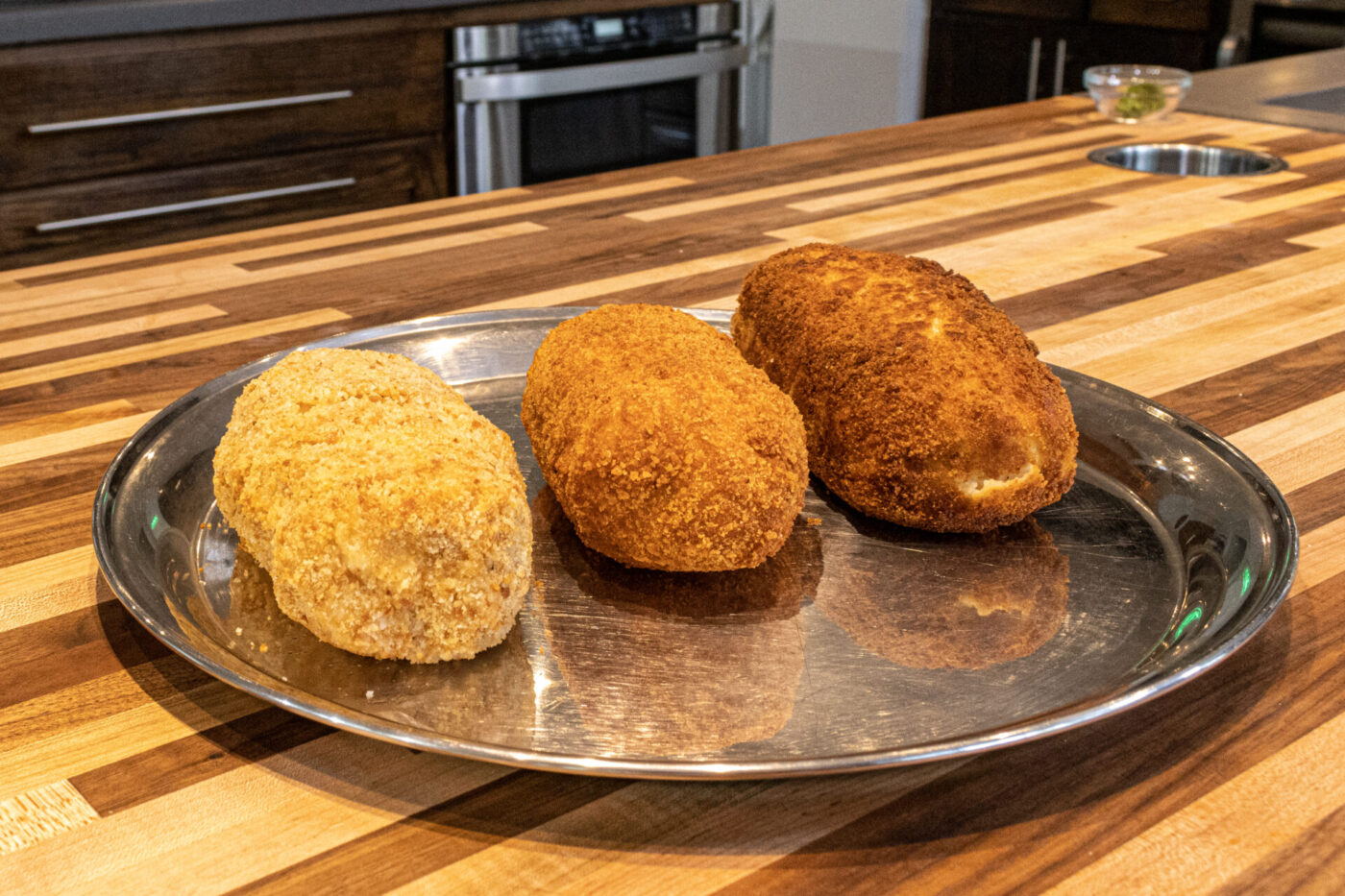 From left to right: Cordon bleu prepared in the air fryer, deep fryer, and shallow fried.