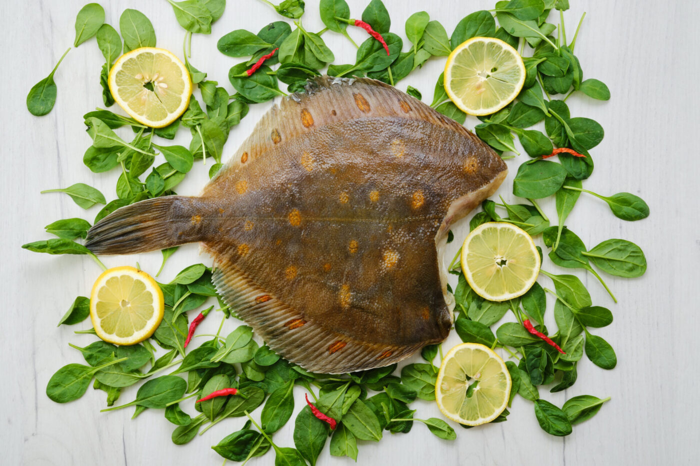 Raw flounder without head on wooden background