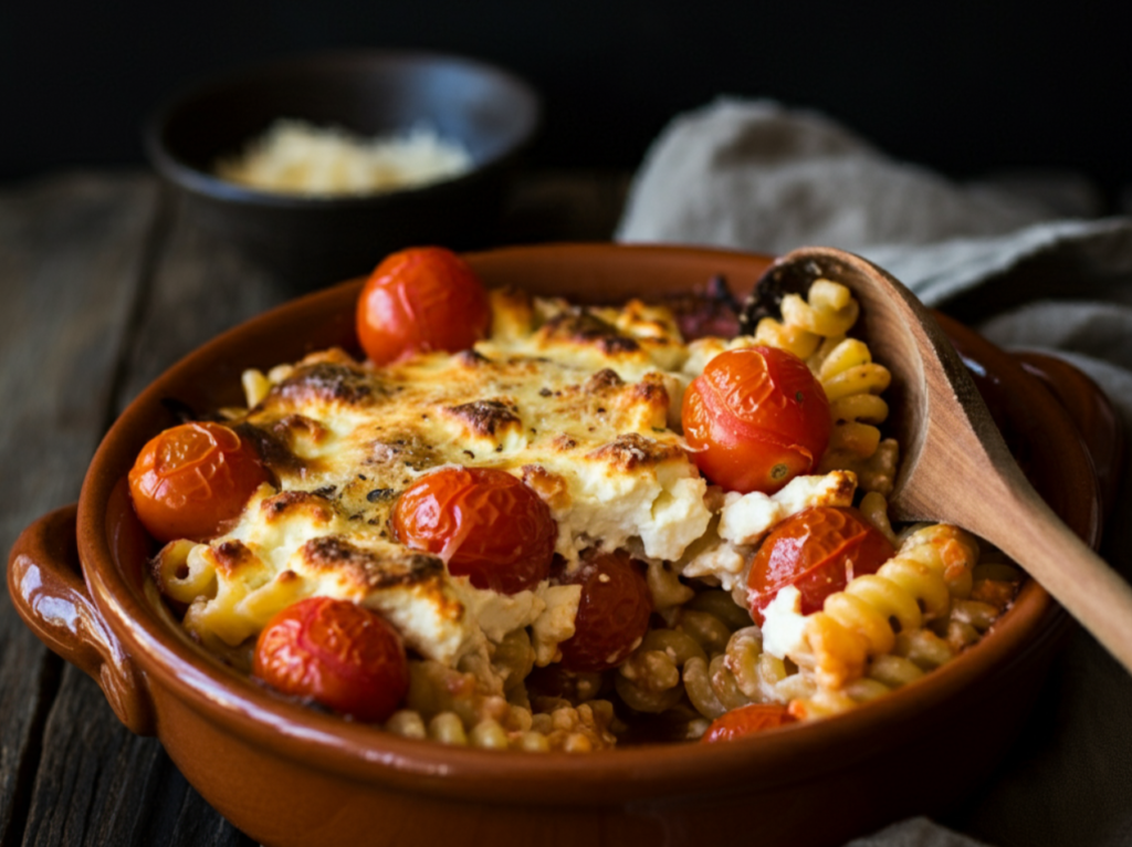 Baked Feta Pasta in the brown mixing bowl, dark countertop, dark background, wooden spoon present