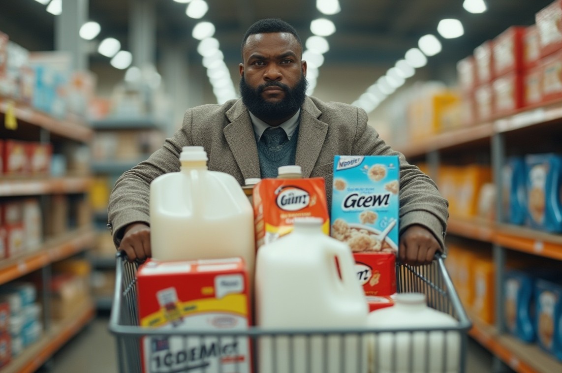 a person pushing a shopping cart through a warehouse club aisle