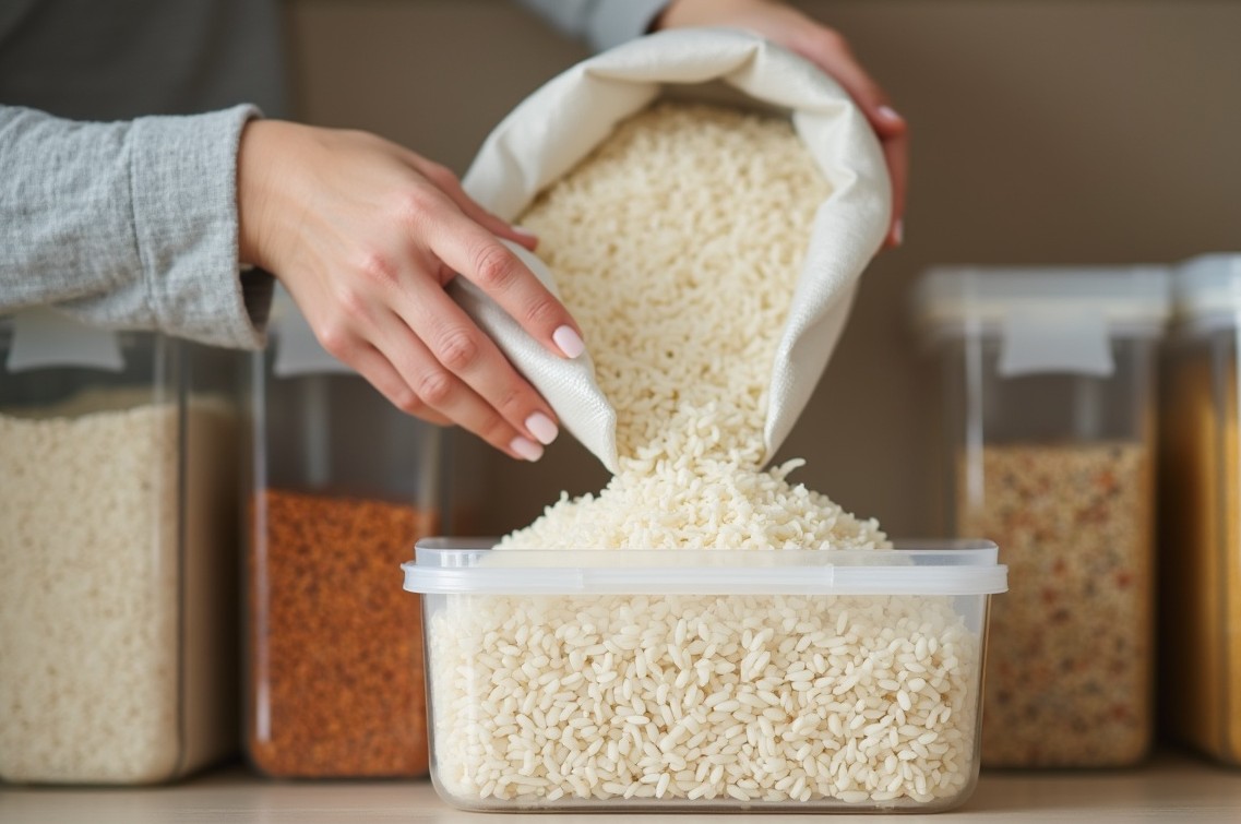 A person's hands carefully pouring rice