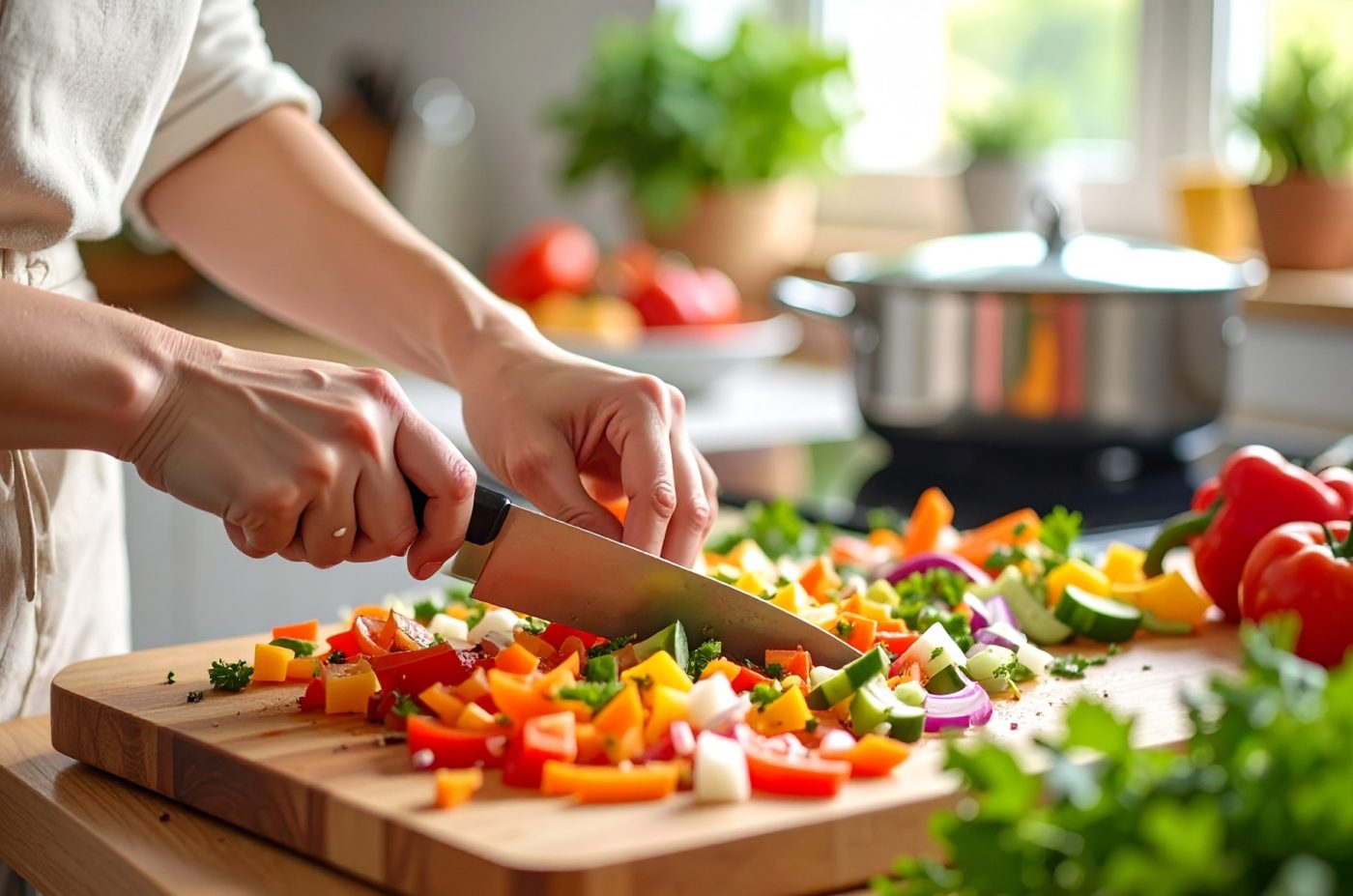 A person's hands chopping colorful, fresh vegetables
