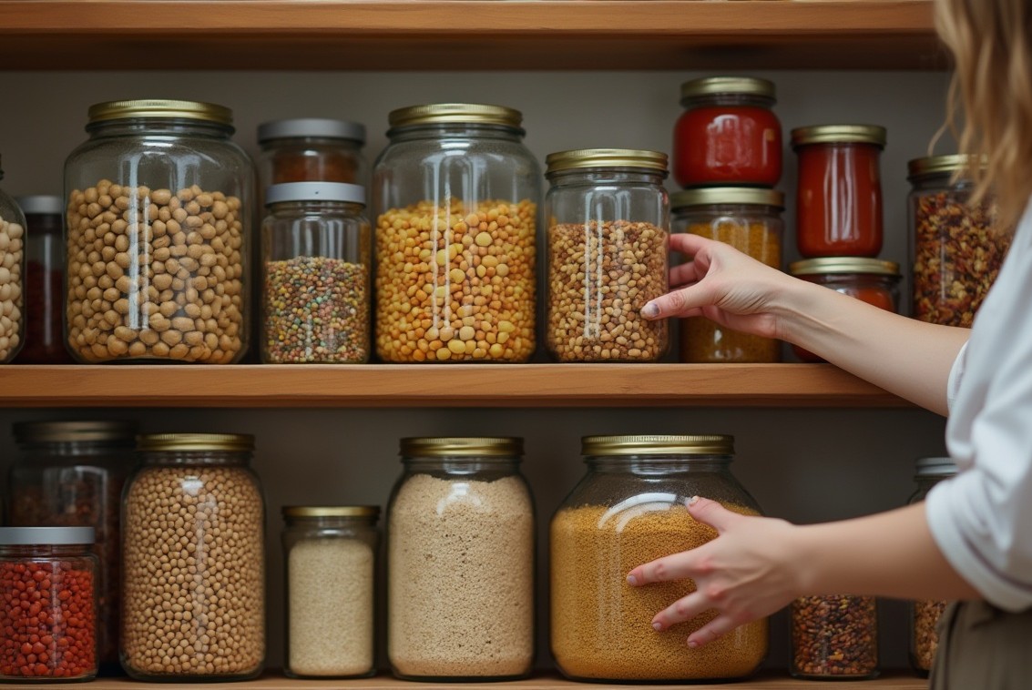 A person's hands sorting through a well-stocked pantry