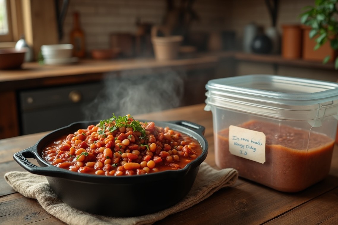 A steaming bowl of homemade chili being after being defrosted and heated