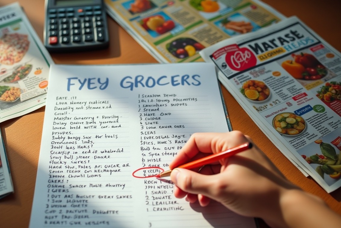 master grocery list, a calculator, and weekly flyers from three different stores