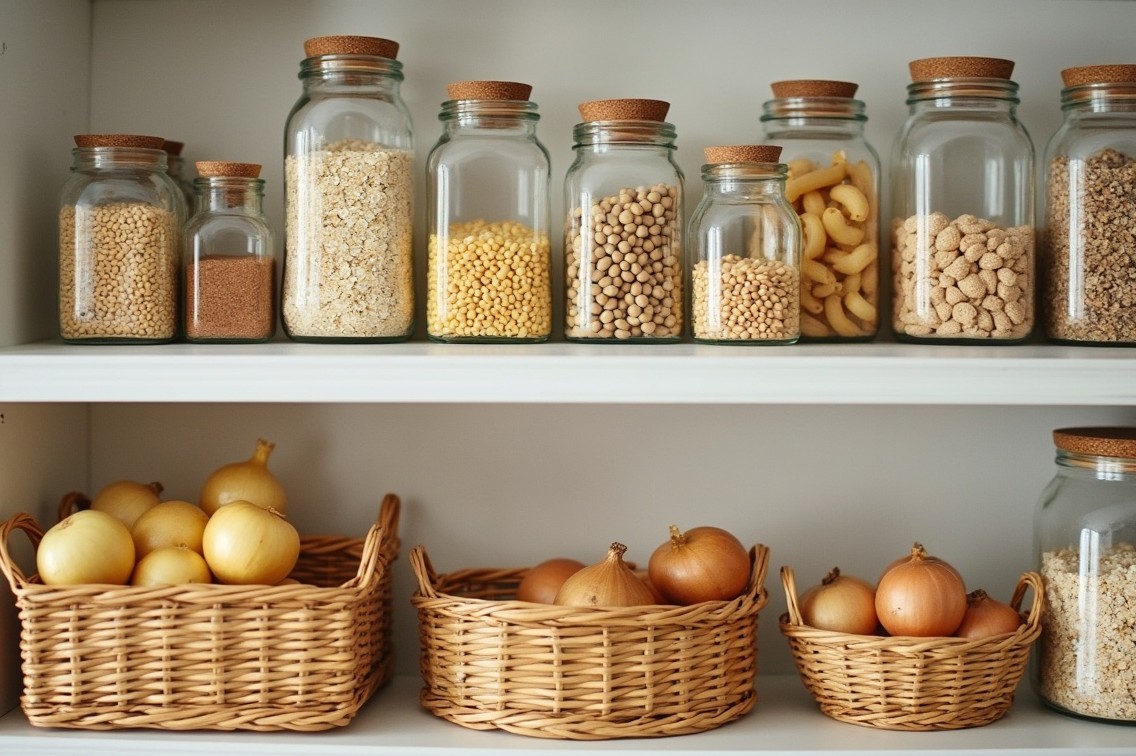 pantry with dry food, potatoes and onions