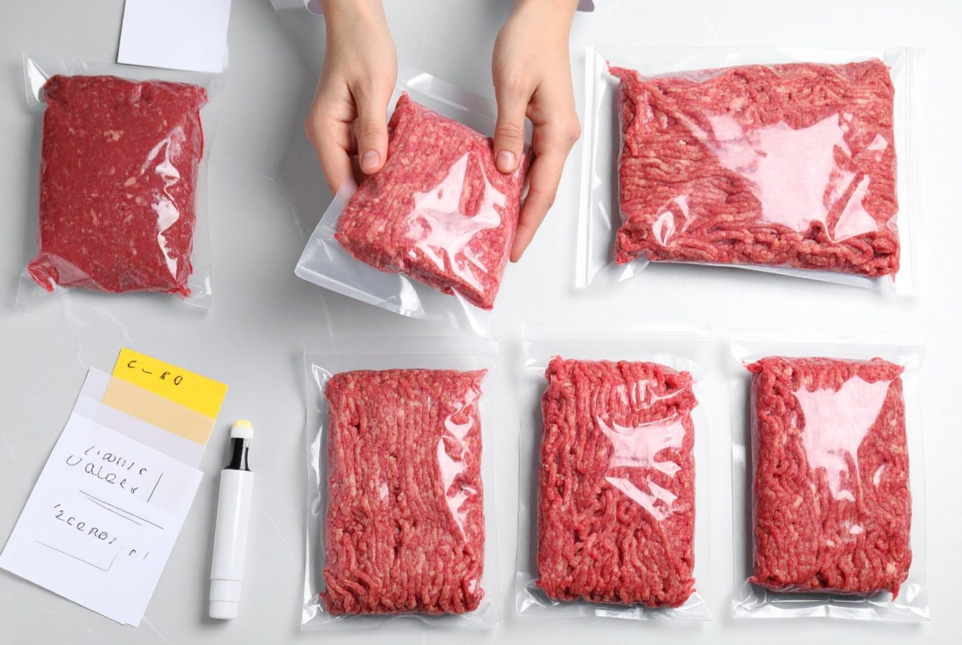 person's hands are portioning ground beef into freezer bags