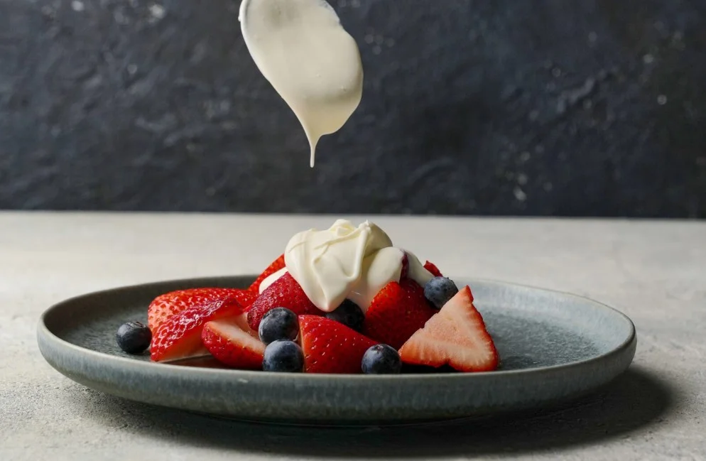 homemade creme fraiche fresh cream is being placed on the top of fruit.