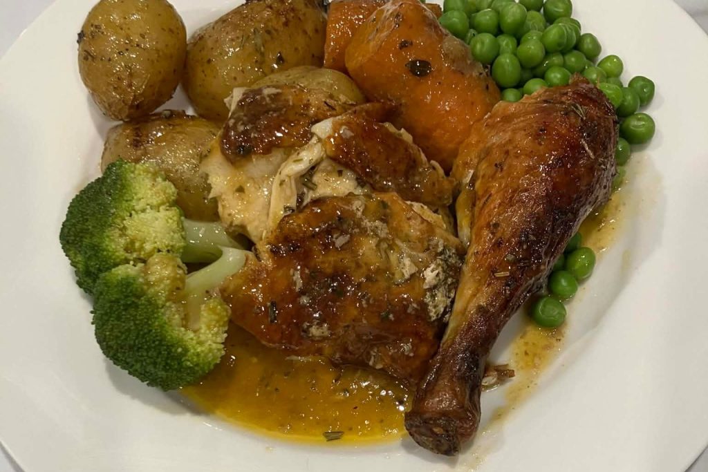 Crispy Herb Roast Chicken with Gravy in the detail shot
