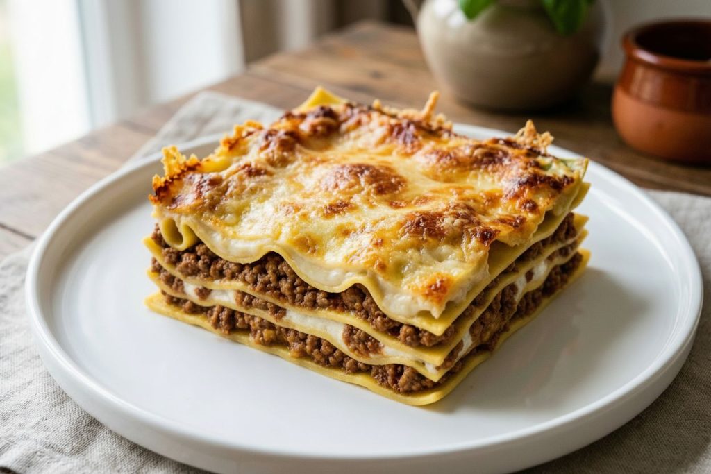 Traditional Lasagna Bolognese on the white plate in detail side shot