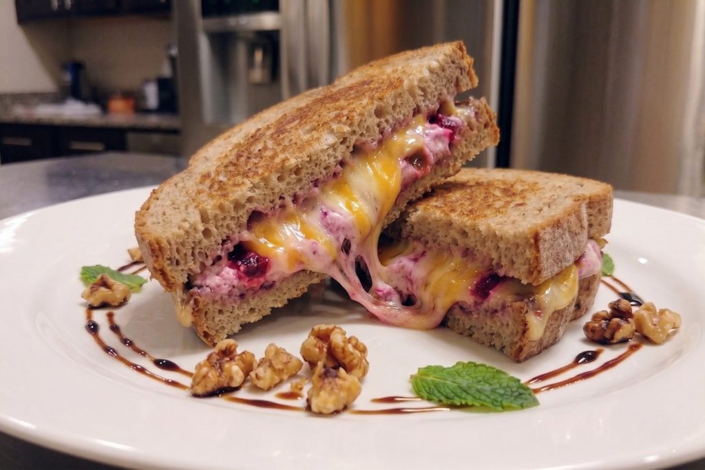 Grilled Cheese with Goat Cheese and Beets in detail side shot