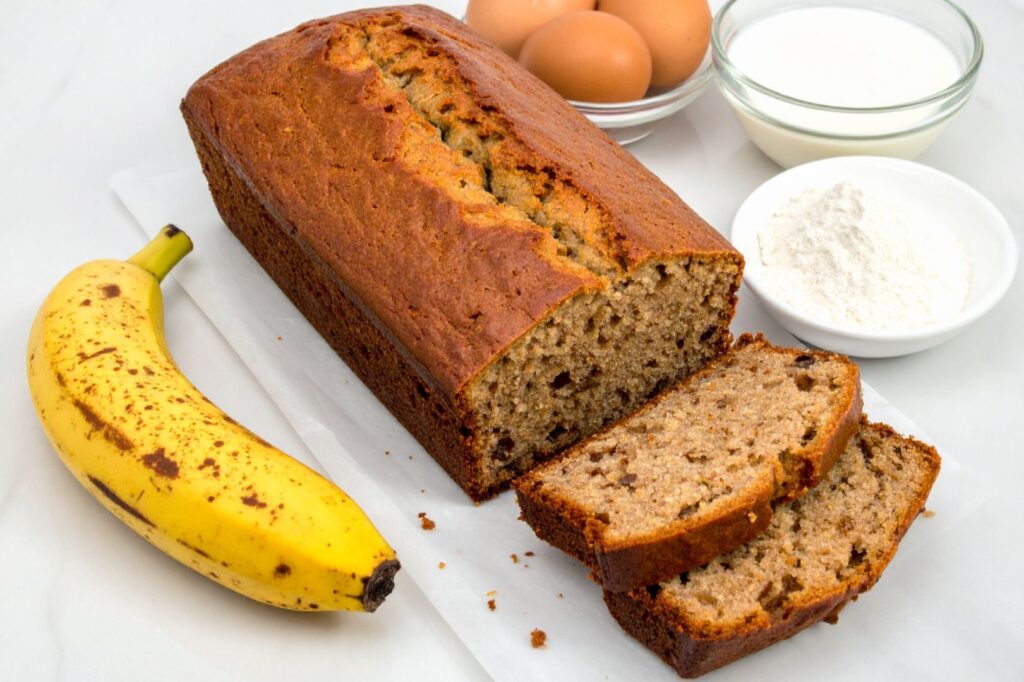 Banana Bread with some ingredients on the countertop.