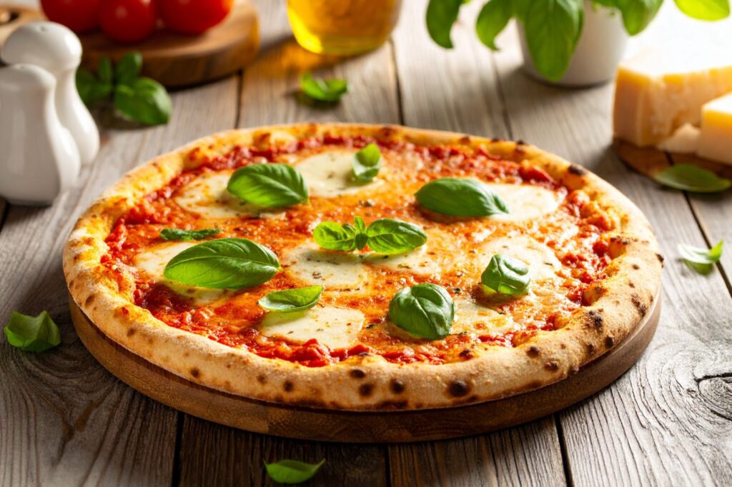 Margherita Pizza on the cutting board on the rustic table, close up side shot with ingredients in the background