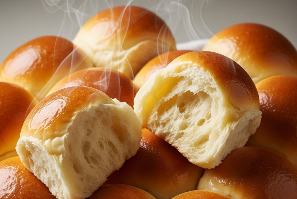 Soft Dinner Rolls separated in the detail, while still steaming