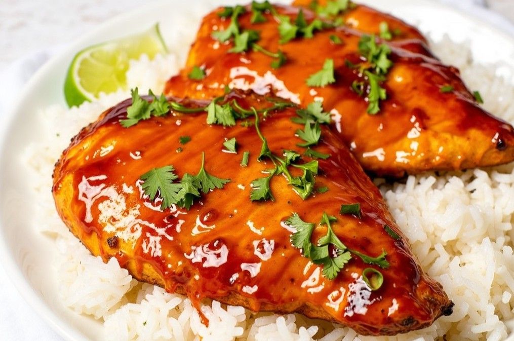 Glazed BBQ Chicken Breasts on the rice with piece of lemon in background, close up side shot