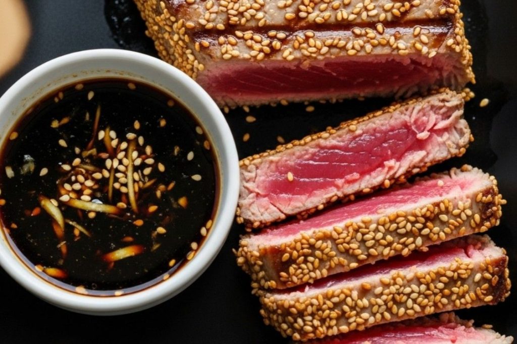 Ahi Tuna sliced served with the sauce, top close up view