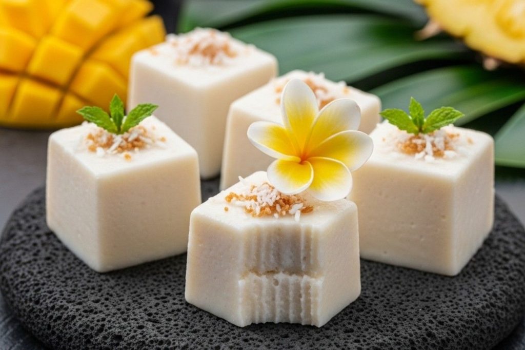 Coconut Pudding Haupia cut to dice on the dark serving tray