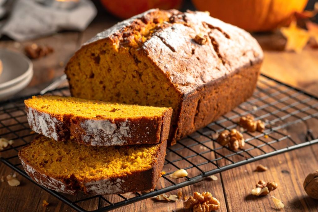 Spiced Pumpkin Walnut Bread soon after bakins while still n the cooling rack, detail side shot