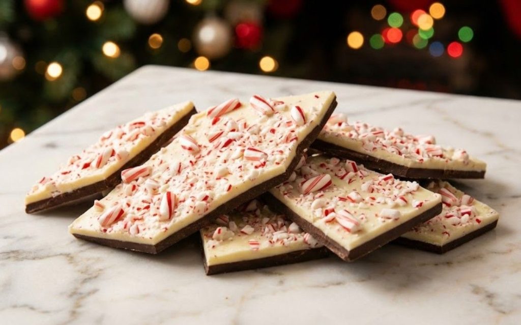 Homemade Peppermint Bark on the countertop in the detail shot