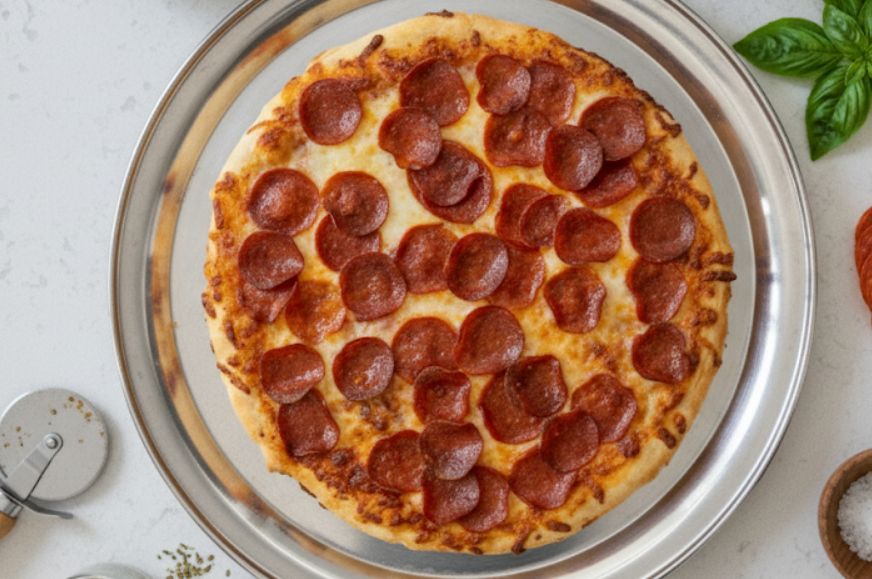 60 min. Pan Pizza on the stainless steel tray, top close up shot