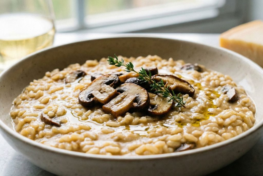 Wild Mushroom Risotto with Truffle Oil and Fresh Thyme in the bowl in the close up detail look