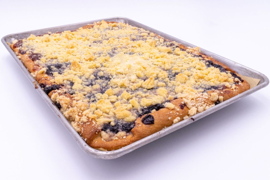 Sheet Kolach with Streusel in the side close up view